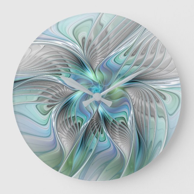 Abstract Blue Green Butterfly Fantasy Fractal Art Large Clock (Front)