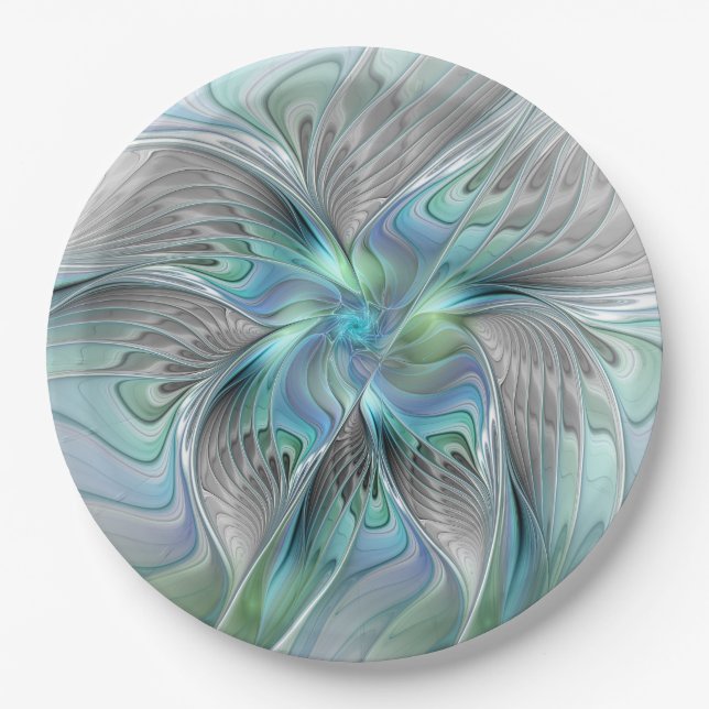 Abstract Blue Green Butterfly Fantasy Fractal Art Paper Plate (Front)