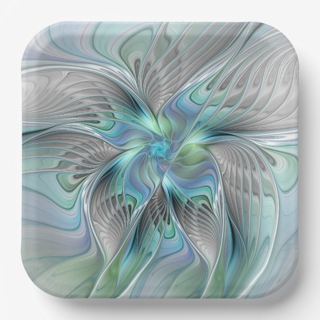 Abstract Blue Green Butterfly Fantasy Fractal Art Paper Plate (Front)