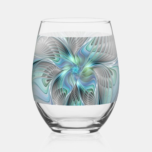 Abstract Blue Green Butterfly Fantasy Fractal Art Stemless Wine Glass (Front)