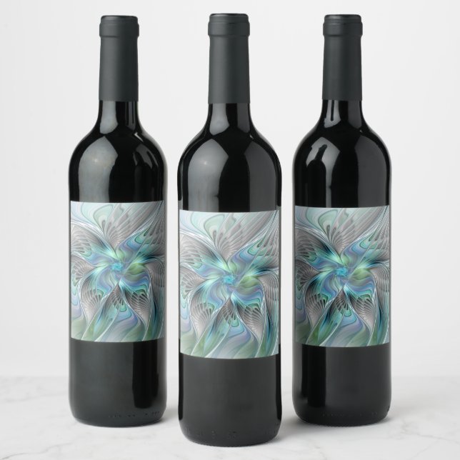 Abstract Blue Green Butterfly Fantasy Fractal Art Wine Label (Bottles)