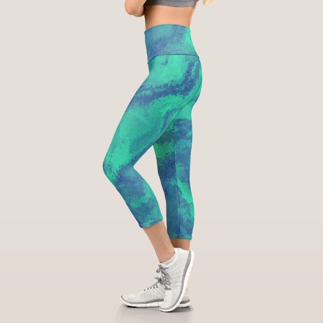 Abstract Blue Green Diffusion Capri Leggings (Left)