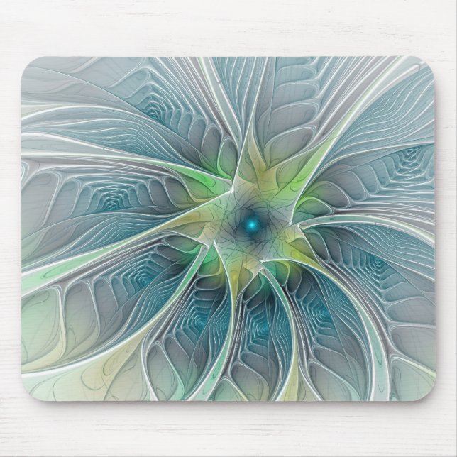 Abstract Blue Green Fractal Art Fantasy Flower Mouse Mat (Front)