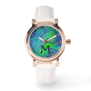 ABSTRACT BLUE GREEN OPAL PHOTO MONOGRAM WATCH