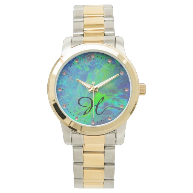 ABSTRACT BLUE GREEN OPAL PHOTO MONOGRAM WATCH (Front)