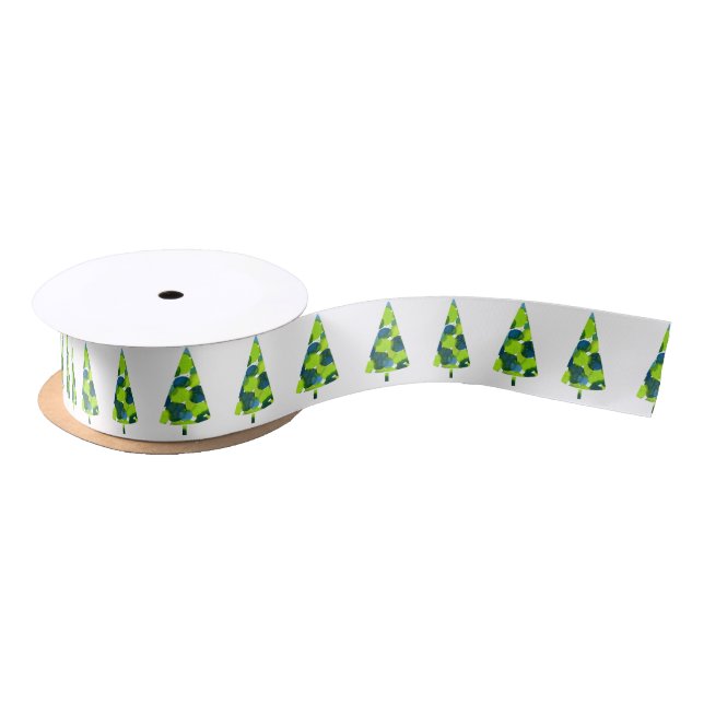 Abstract Blue Green Watercolor Tree Pattern    Satin Ribbon (Spool)