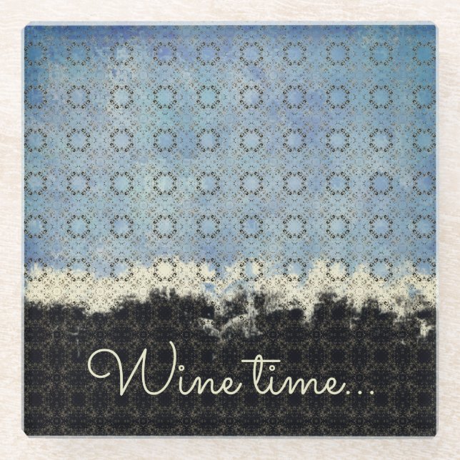 Abstract Blue, Grey, Bronze Vintage Pattern Glass Coaster (Front)