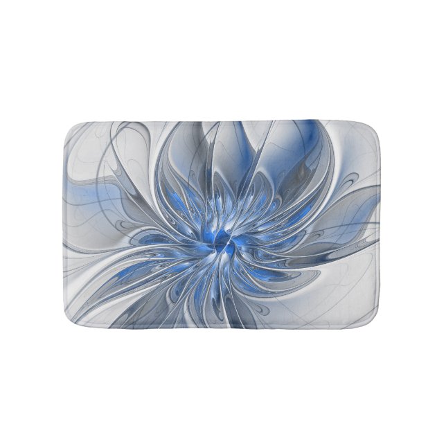Abstract Blue Grey Watercolor Fractal Art Flower Bath Mat (Front)