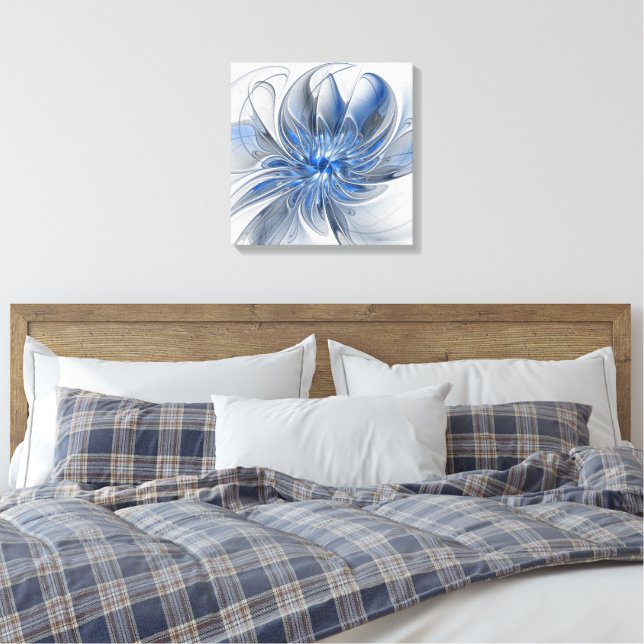 Abstract Blue Grey Watercolor Fractal Art Flower Canvas Print (Insitu(Bedroom))