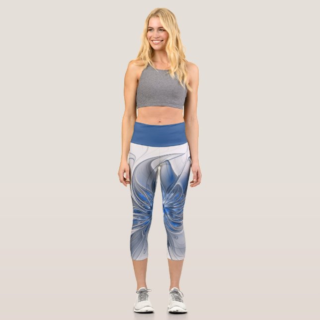 Abstract Blue Grey Watercolor Fractal Art Flower Capri Leggings (Front)