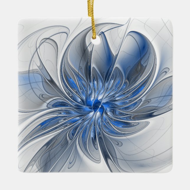 Abstract Blue Grey Watercolor Fractal Art Flower Ceramic Ornament (Front)