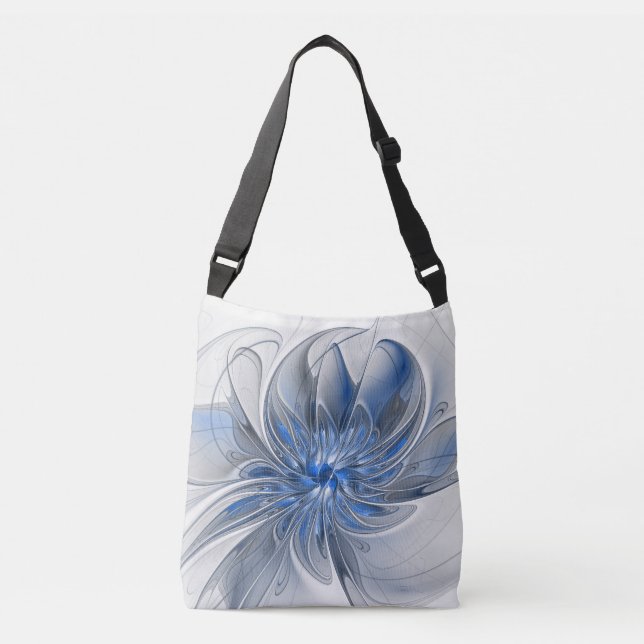 Abstract Blue Grey Watercolor Fractal Art Flower Crossbody Bag (Front)