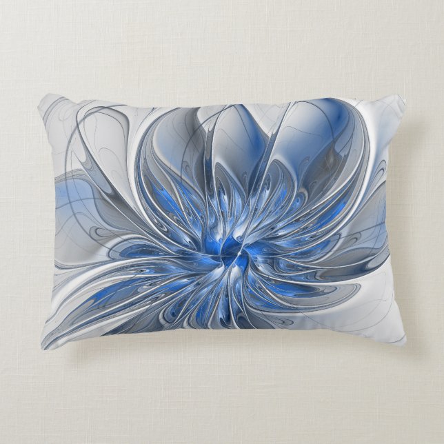 Abstract Blue Grey Watercolor Fractal Art Flower Decorative Cushion (Front)