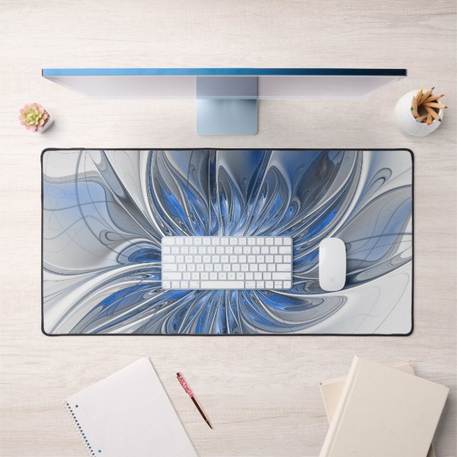 Abstract Blue Grey Watercolor Fractal Art Flower Desk Mat (Office 1)