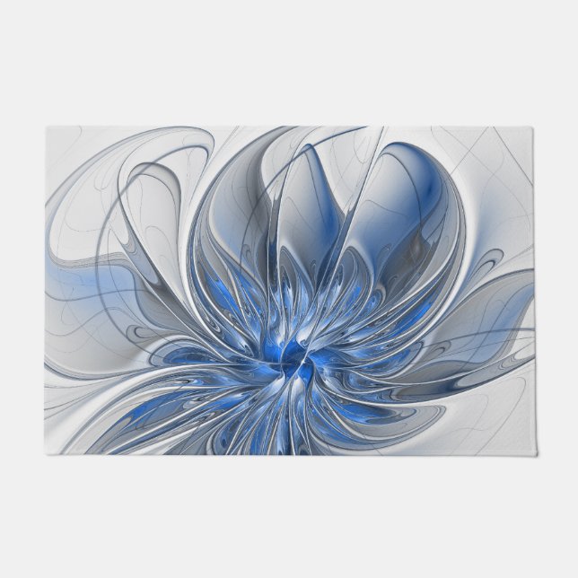 Abstract Blue Grey Watercolor Fractal Art Flower Doormat (Front)