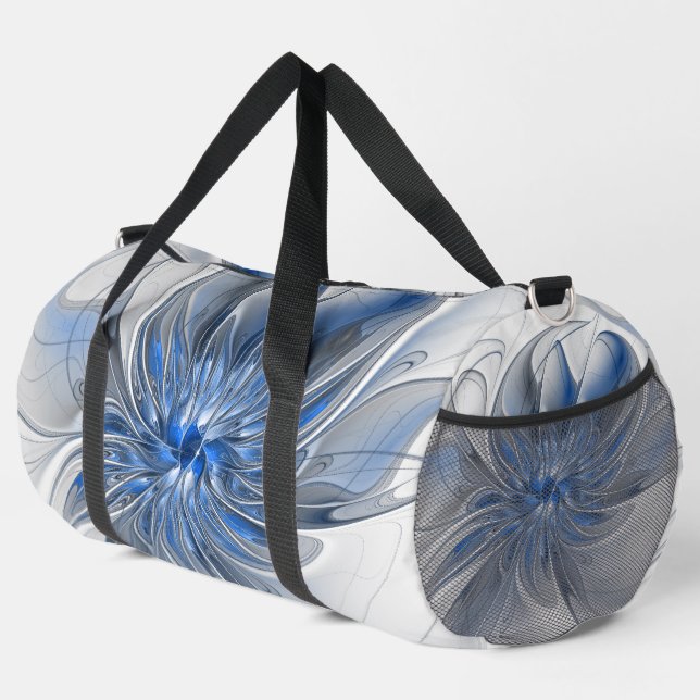 Abstract Blue Grey Watercolor Fractal Art Flower Duffle Bag (Right Corner)