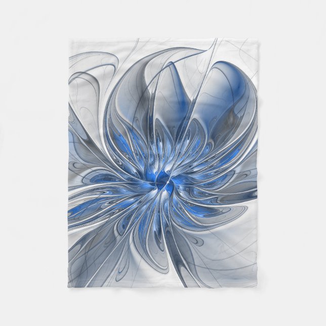 Abstract Blue Grey Watercolor Fractal Art Flower Fleece Blanket (Front)