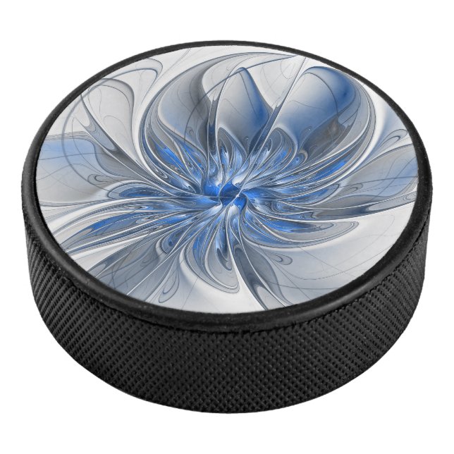 Abstract Blue Grey Watercolor Fractal Art Flower Hockey Puck (3/4)