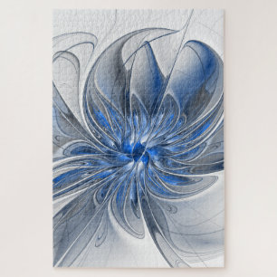 Abstract Blue Grey Watercolor Fractal Art Flower Jigsaw Puzzle