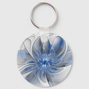 Abstract Blue Grey Watercolor Fractal Art Flower Key Ring