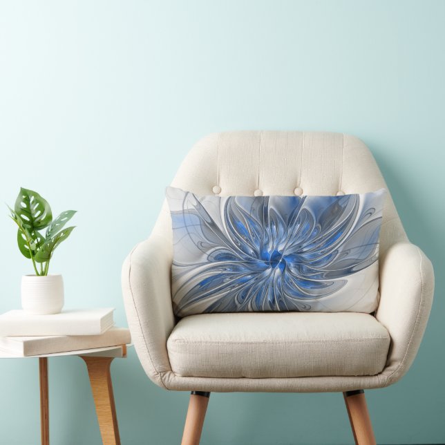 Abstract Blue Grey Watercolor Fractal Art Flower Lumbar Cushion (Chair)