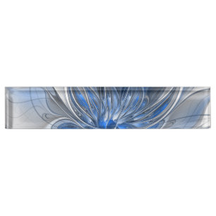 Abstract Blue Grey Watercolor Fractal Art Flower Nameplate