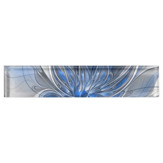 Abstract Blue Grey Watercolor Fractal Art Flower Nameplate (Front)