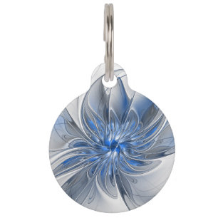 Abstract Blue Grey Watercolor Fractal Art Flower Pet Tag