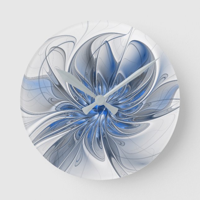 Abstract Blue Grey Watercolor Fractal Art Flower Round Clock (Front)