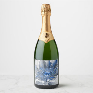 Abstract Blue Grey Watercolor Fractal Art Flower Sparkling Wine Label