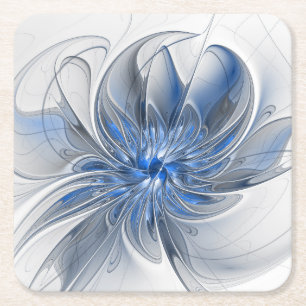 Abstract Blue Grey Watercolor Fractal Art Flower Square Paper Coaster