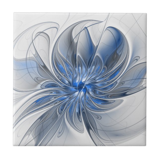 Abstract Blue Grey Watercolor Fractal Art Flower Tile (Front)
