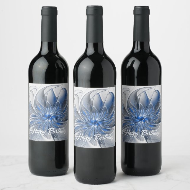 Abstract Blue Grey Watercolor Fractal Art Flower Wine Label (Bottles)
