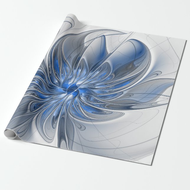 Abstract Blue Grey Watercolor Fractal Art Flower Wrapping Paper (Unrolled)