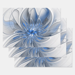 Abstract Blue Grey Watercolor Fractal Art Flower Wrapping Paper Sheet