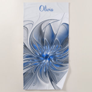 Abstract Blue Grey Watercolor Fractal Flower Name Beach Towel
