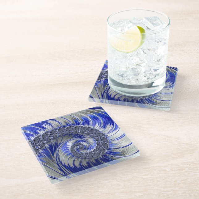 Abstract Blue Grey White Spiral Fractal Glass Coaster (Angled)