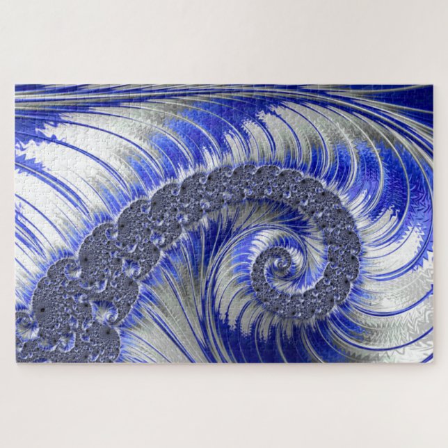 Abstract Blue Grey White Spiral Fractal Jigsaw Puzzle (Horizontal)