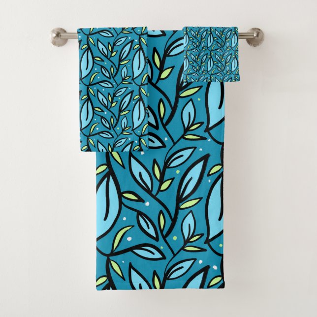 Abstract Blue Leaves Shower Curtain Bath Towel Set (Insitu)