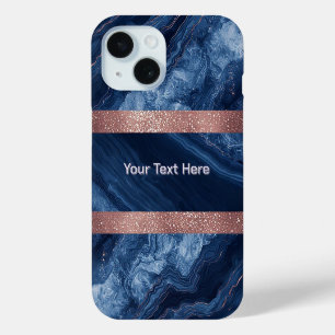Abstract Blue Marble Art with Gold Glitter Accents iPhone 15 Case