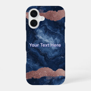 Abstract Blue Marble Art with Gold Glitter Accents iPhone 16 Case