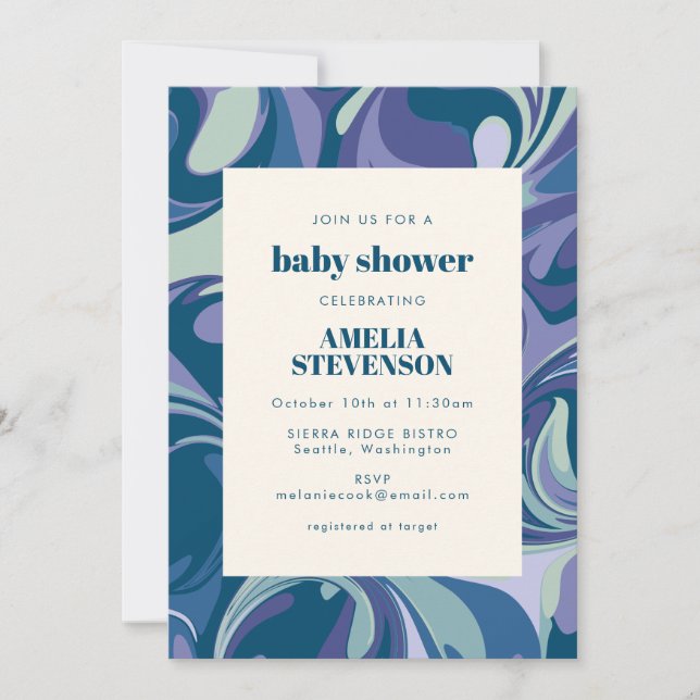 Abstract Blue Marble Swirl Stylish Baby Shower  Invitation (Front)