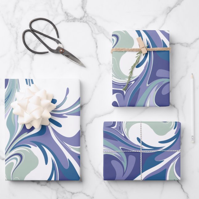 Abstract Blue Marble Swirls Pattern Wrapping Paper Sheet (Front)