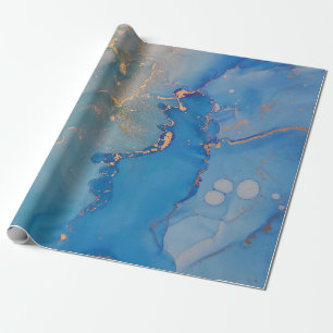 Abstract blue marble with glitter gold wrapping paper