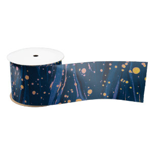 ABSTRACT BLUE MARBLED PAPER WITH GOLD SPLASHES SATIN RIBBON