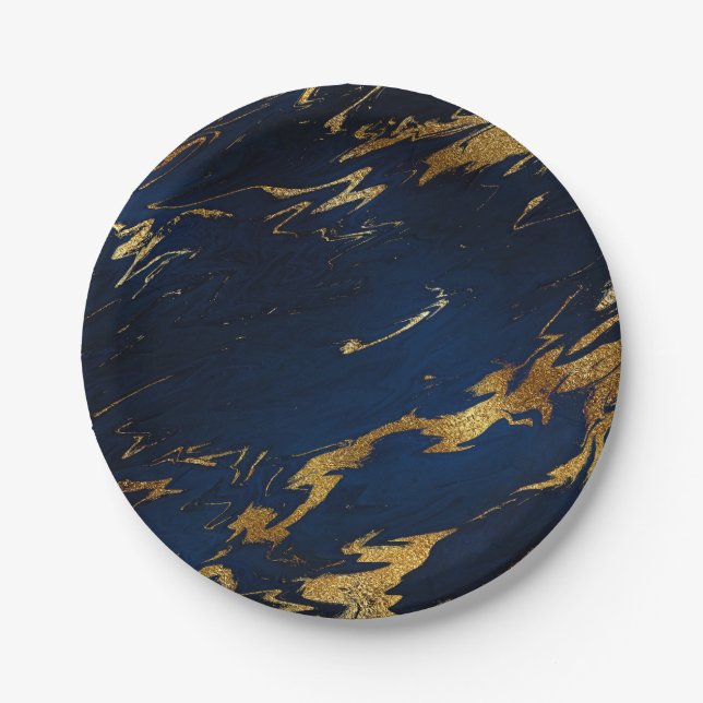 Abstract Blue Navy Marine Marble Party Vip Paper Plate (Front)