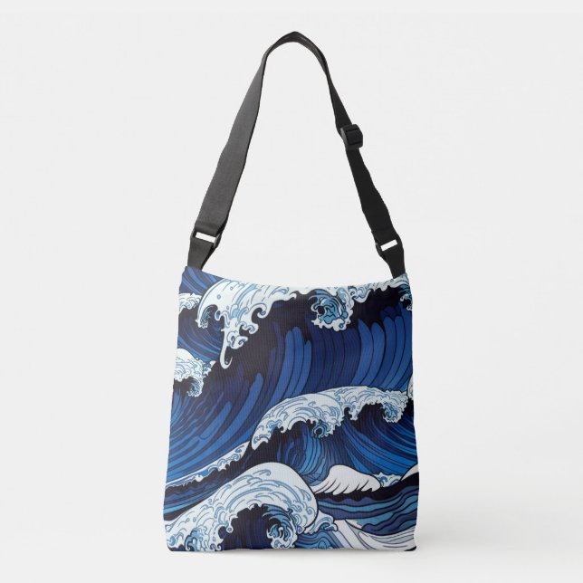 Abstract Blue Ocean Waves Japanese Style Artwork | Crossbody Bag (Front)