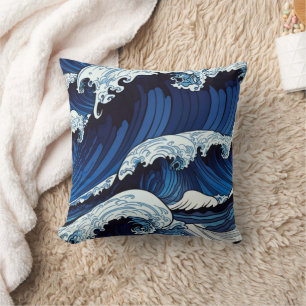 Abstract Blue Ocean Waves Japanese Style Artwork   Cushion
