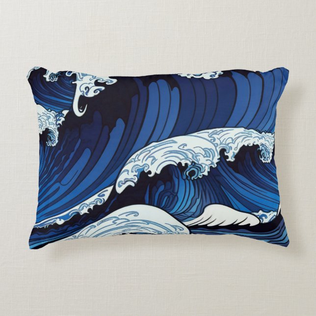 Abstract Blue Ocean Waves Japanese Style Artwork | Decorative Cushion (Front)
