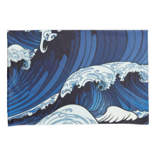 Abstract Blue Ocean Waves Japanese Style Artwork Pillowcase